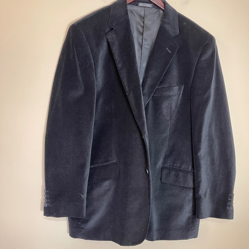 Adolfo International Mens Black Velvet Blazer Sport Coat 44R Two Button Cotton
